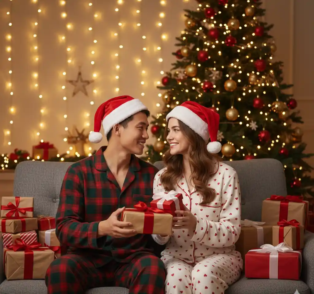 Gift Exchange Christmas Cap AI Couple Photo Template
