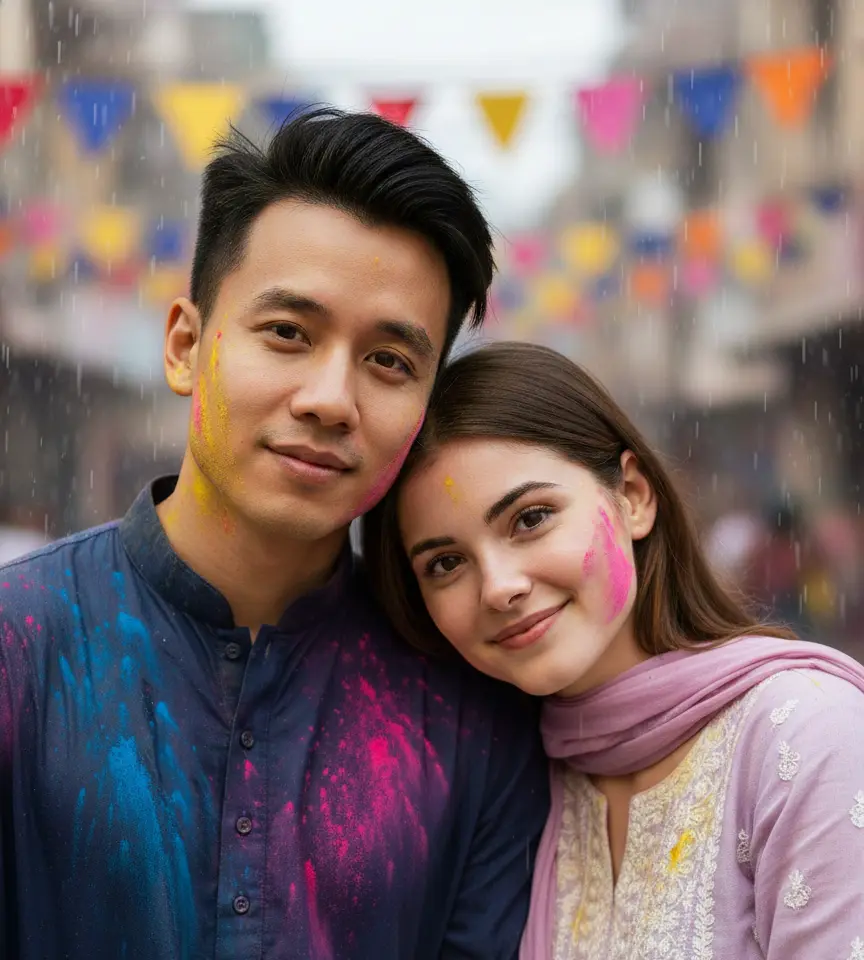 Holi With Rain AI Couple Photo Template