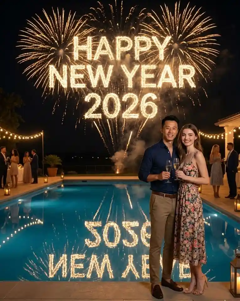 Poolside Evening Party AI Couple Photo Template
