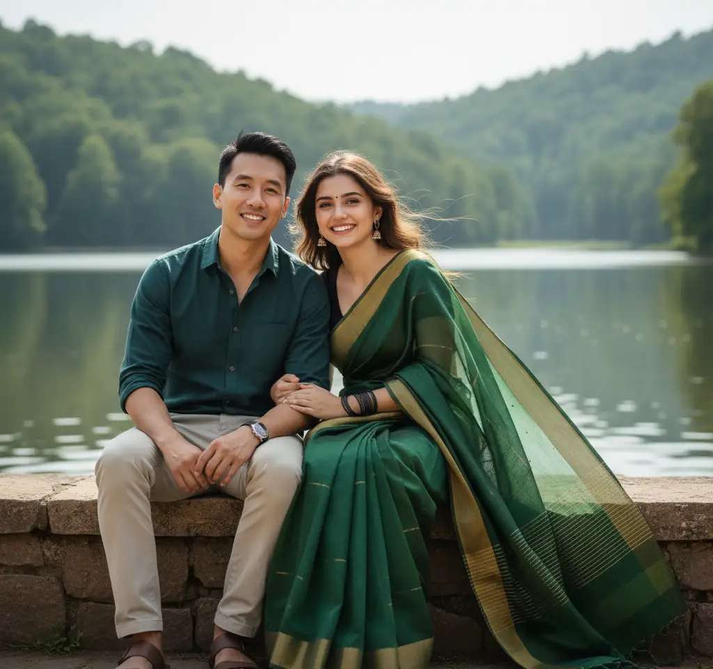 Sitting At Lake AI Couple Photo Template