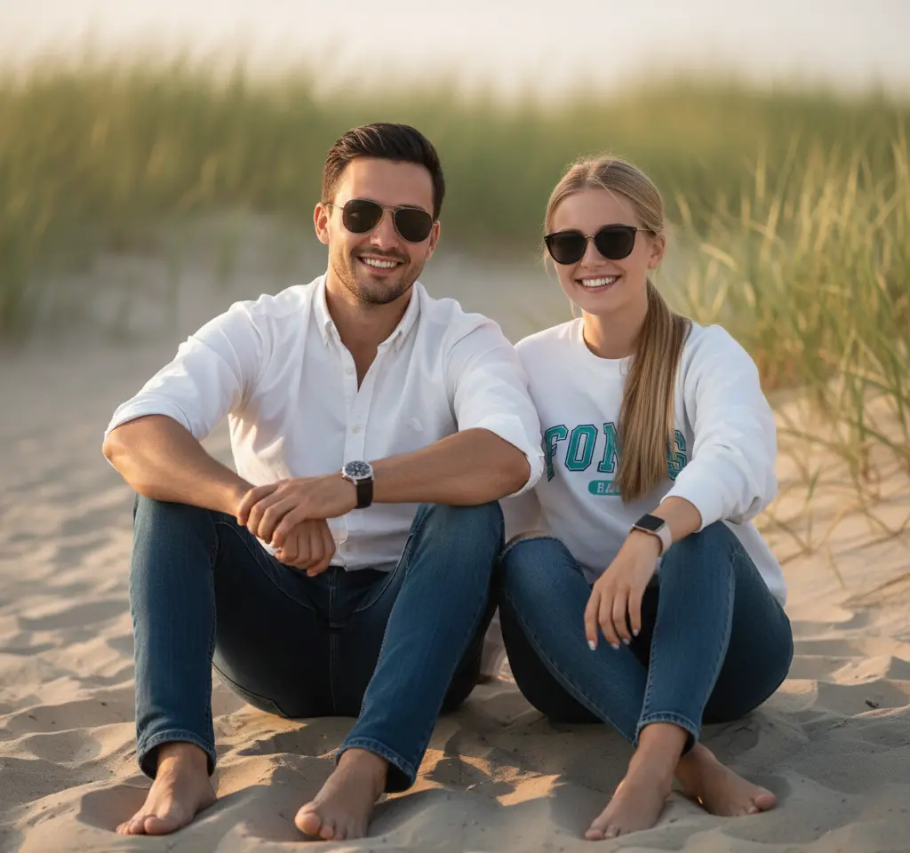 Sitting In Sand AI Couple Photo Template