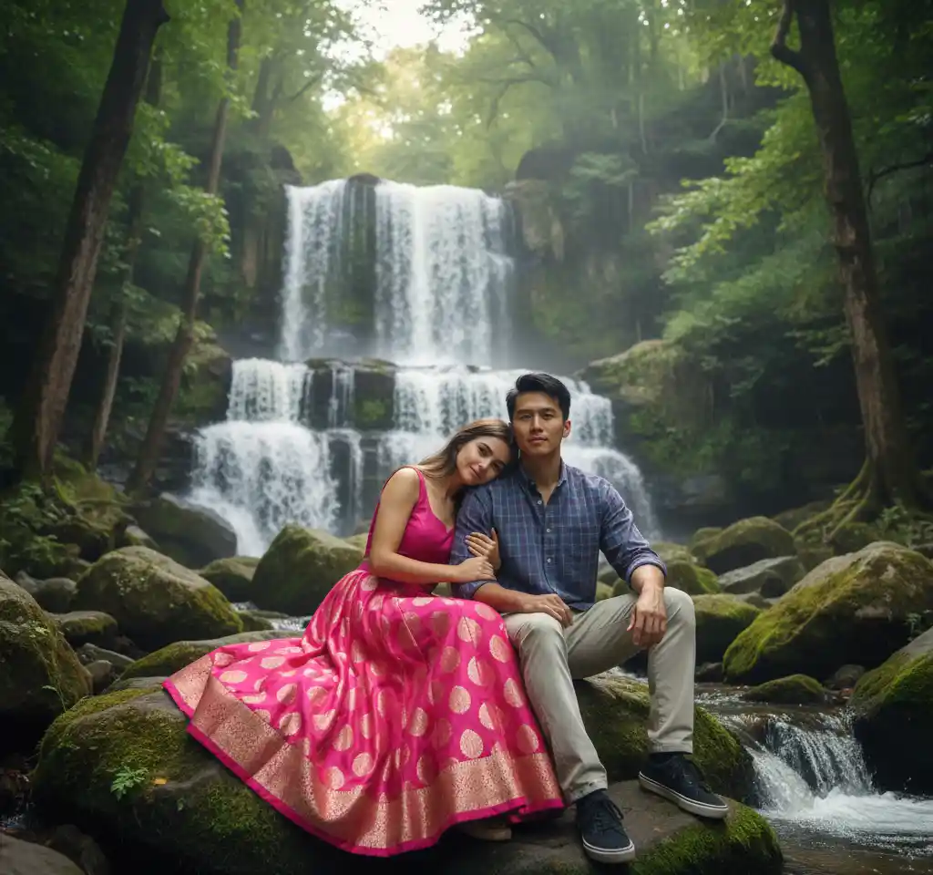 Waterfall In Forest AI Couple Photo Template
