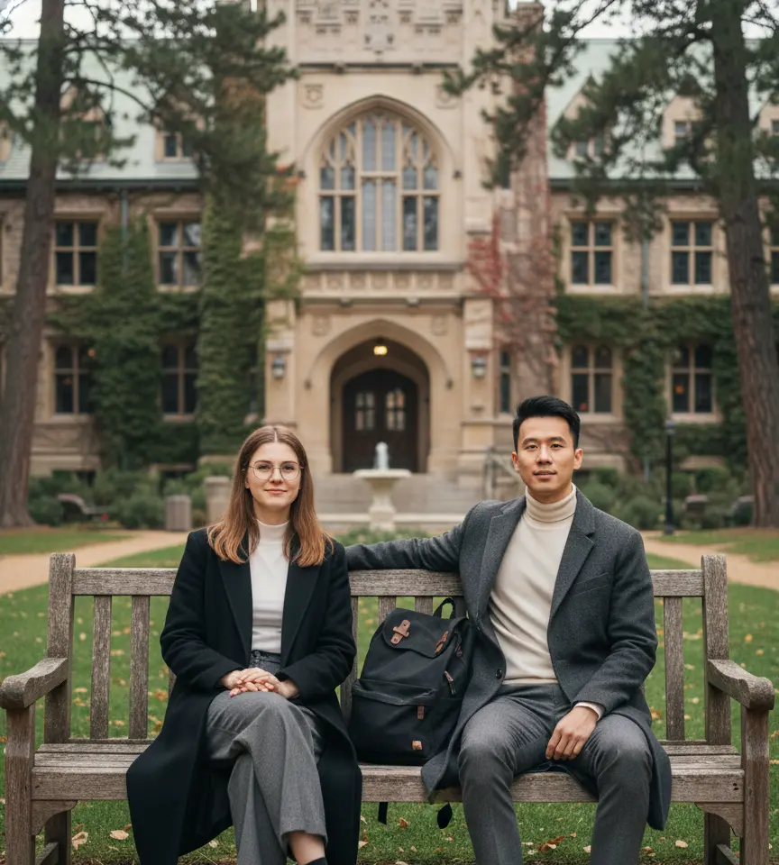 Campus Bench Duo AI Couple Photo Template