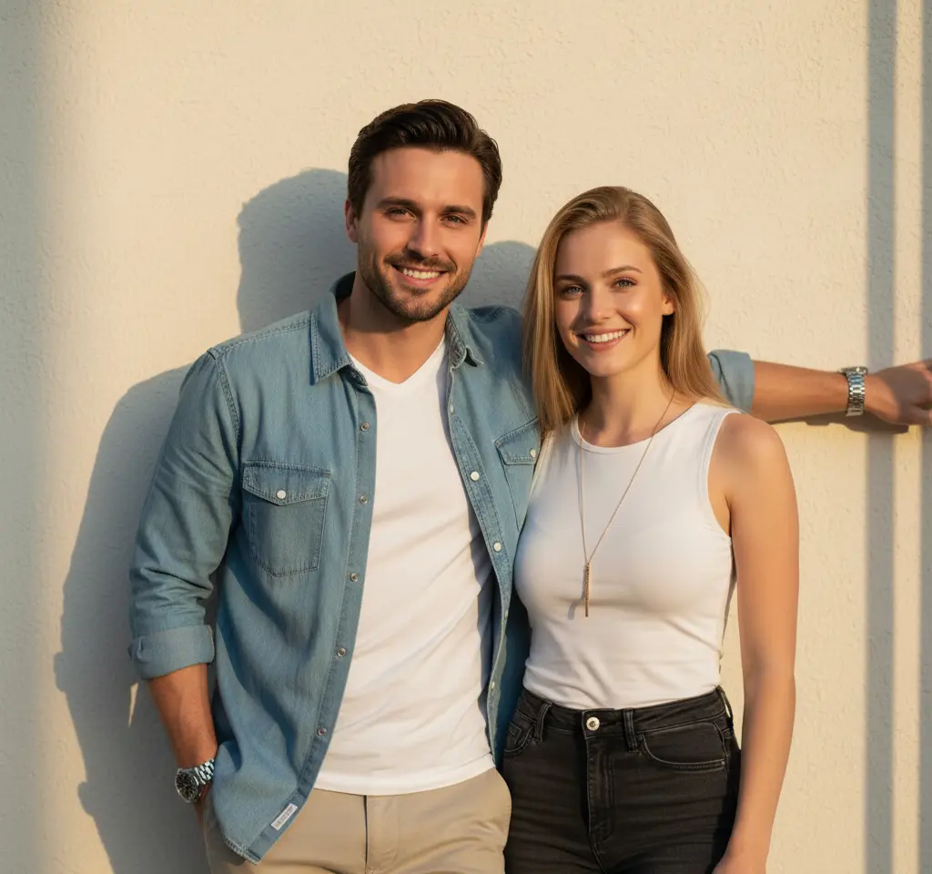 Leaning Against Wall AI Couple Photo Template