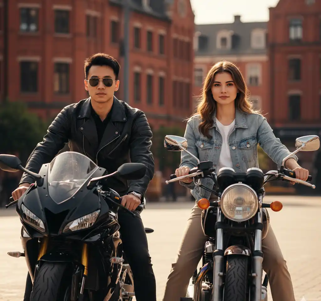 Urban Motorcycle Duo AI Couple Photo Template Urban Motorcycle Duo AI Couple Photo Template
