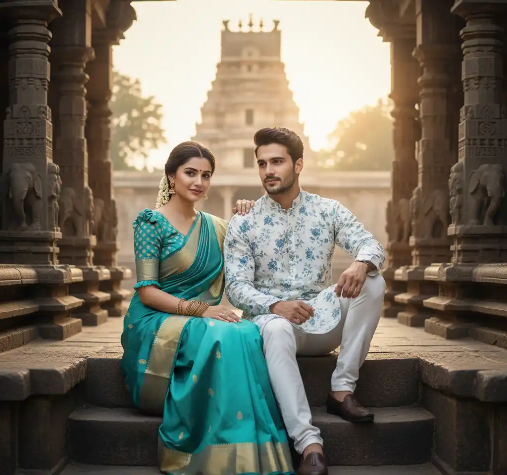 Front Of Temple AI Couple Photo Template Front Of Temple AI Couple Photo Template