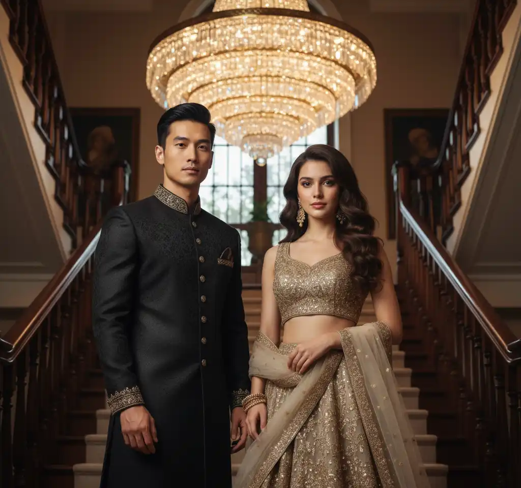 Royal Staircase AI Couple Photo Template Royal Staircase AI Couple Photo Template