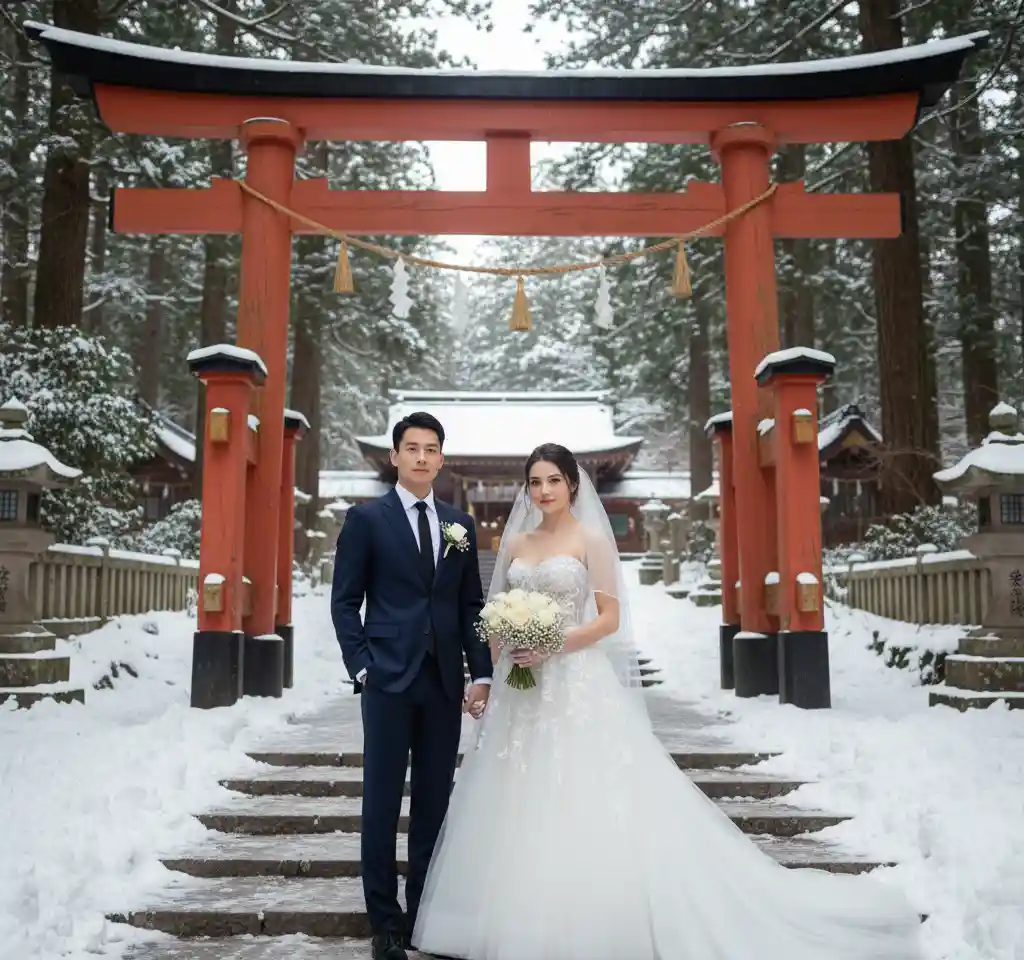 Wooden Torii Gate AI Couple Photo Template Wooden Torii Gate AI Couple Photo Template