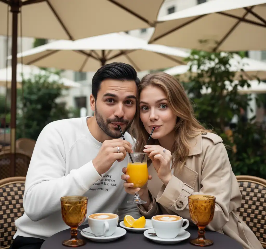 Sharing Orange Juice — AI Couple Photo AI Urban & Street Style Photos Template