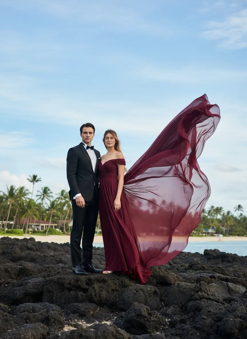 Summer beach photoshoot couple AI generated portrait in tropical Bali