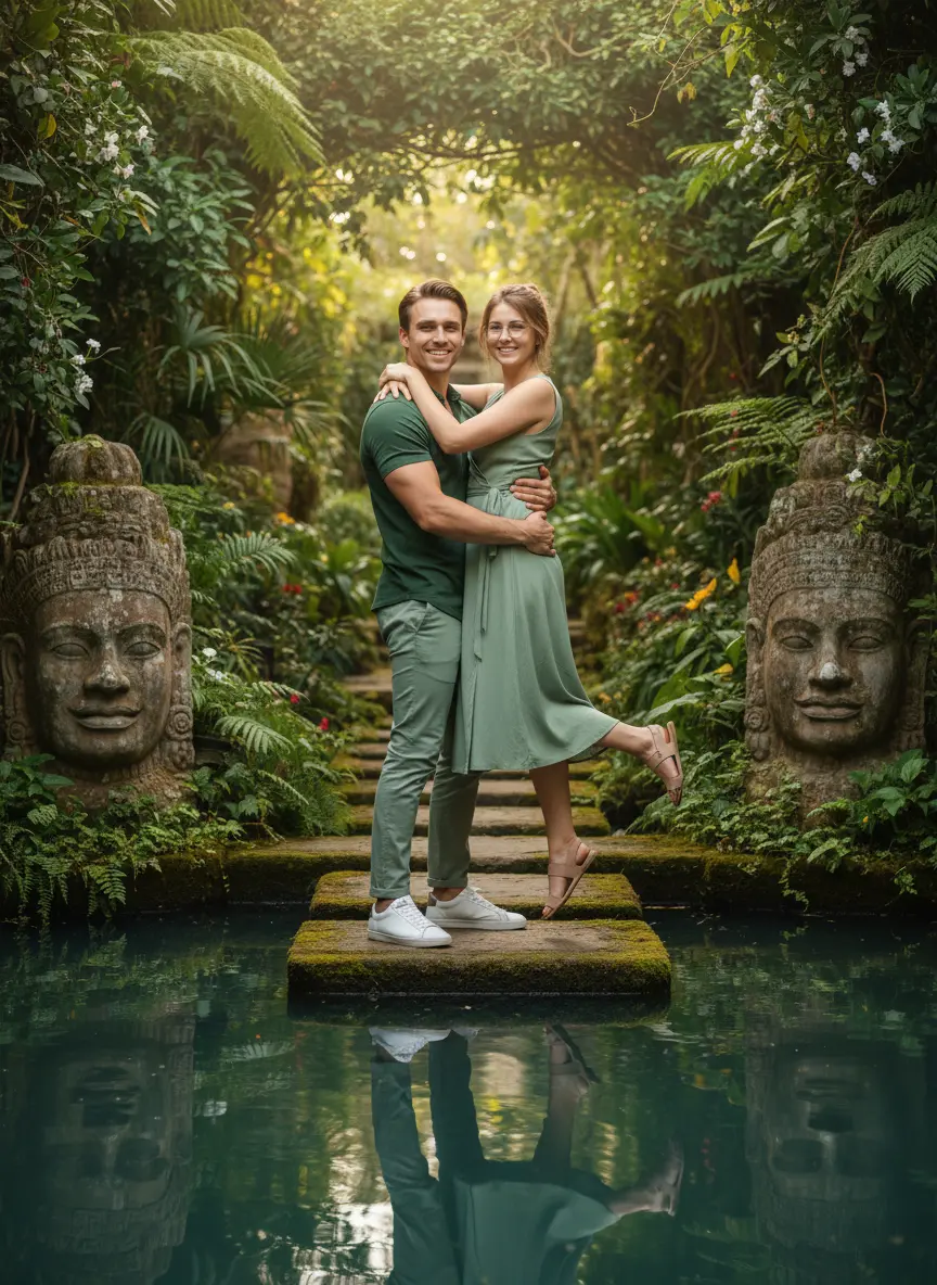 Wildlife jungle safari adventure couple AI photo with jeep and tigers