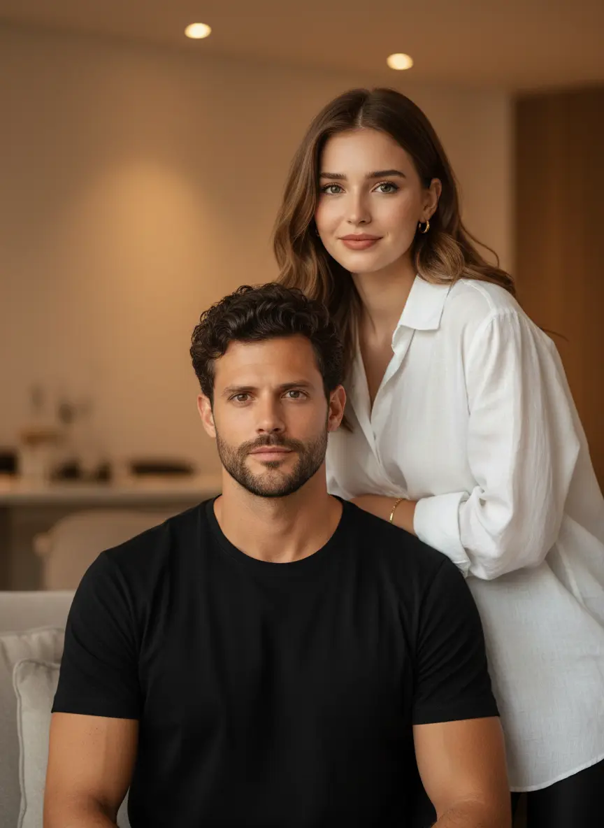 Professional indoor studio couple AI portrait photography with soft lighting