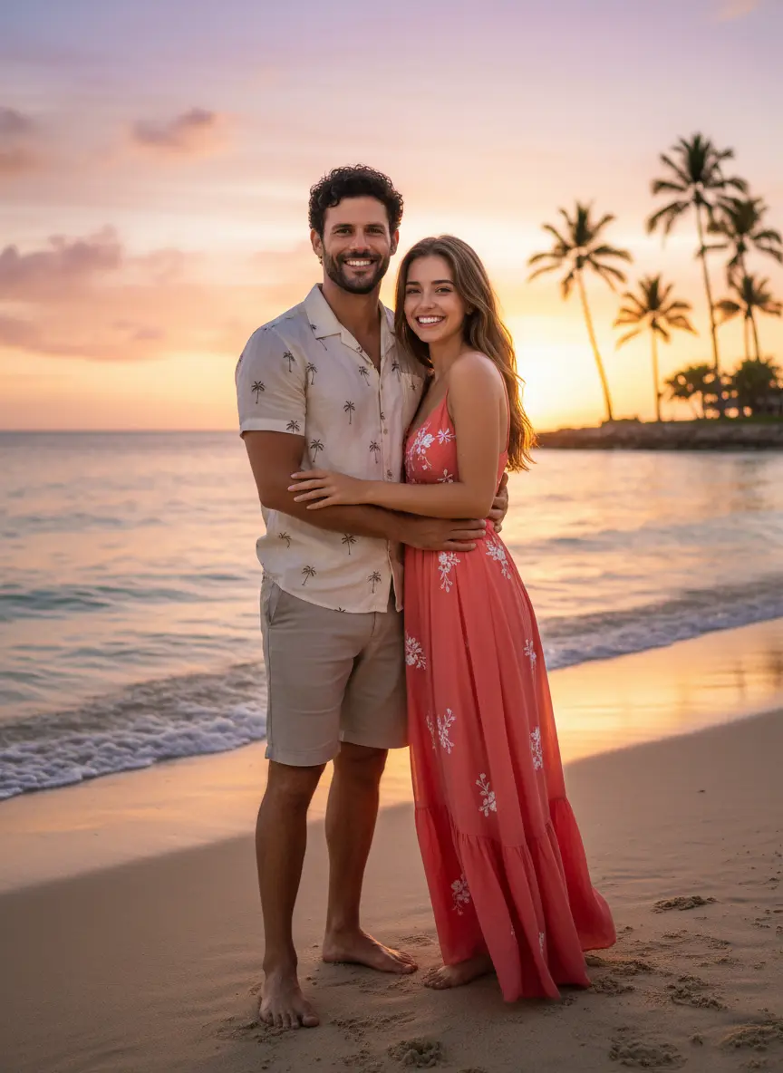 Romantic AI couple photo sitting on sunset beach with ocean view