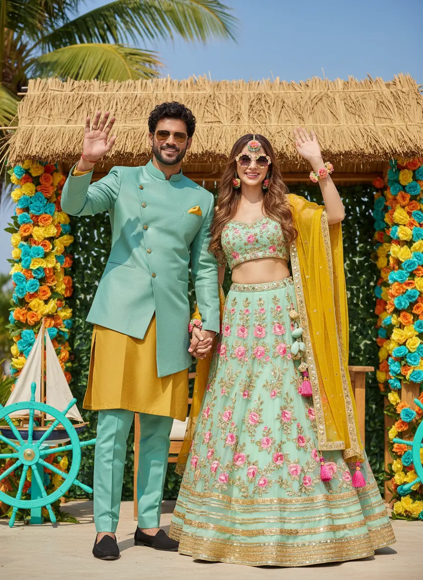 Traditional Indian Haldi ceremony AI couple photo with marigold flowers