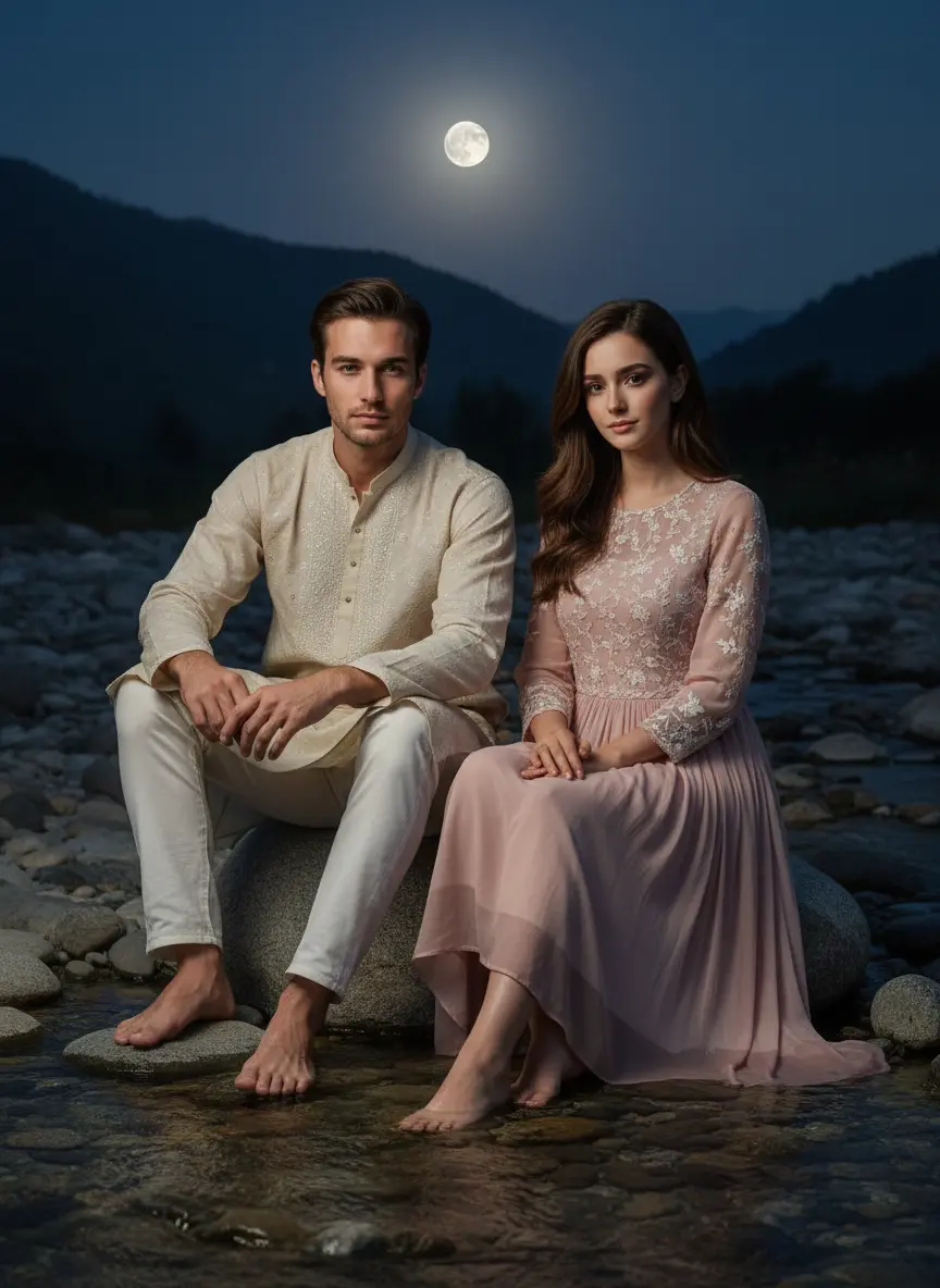 Magical moonlight night date AI couple photo under star sky